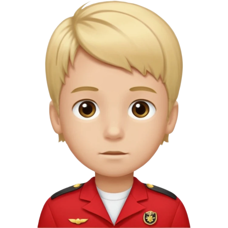 SARI SAÇLI SAÇININ YARISI SOLA DOĞRU DİĞERİNİN SAĞ TARAFTA AMA DÜZ DURAN KAHVERENGİ GÖZLÜ UZUN KİRPİKLİ BUĞDAY RENKLİ KIRMIZI ÜNİFORMALI BİR ERKEK ÇOCUK emoji