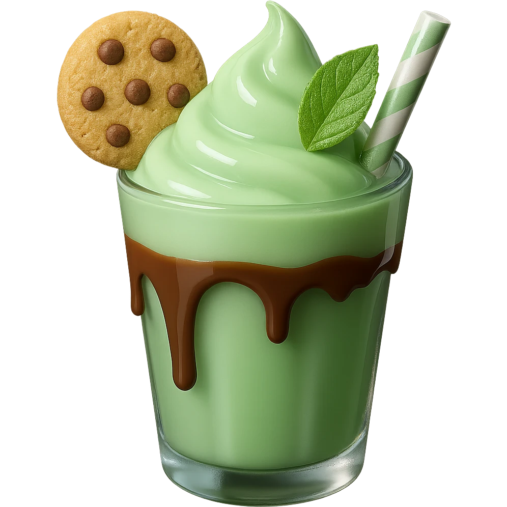 Make the mint green milkshake glossy and 3D with shiny highlights and reflections. Keep the glass with chocolate drizzle, cookie on the rim, and mint leaf on top. Remove the background. emoji