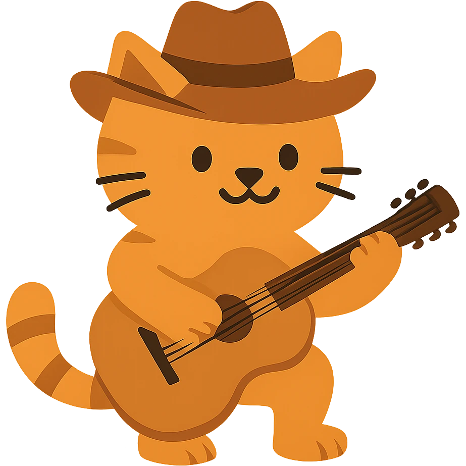 flat toon orange cowboy cat strumming an acoustic guitar  emoji