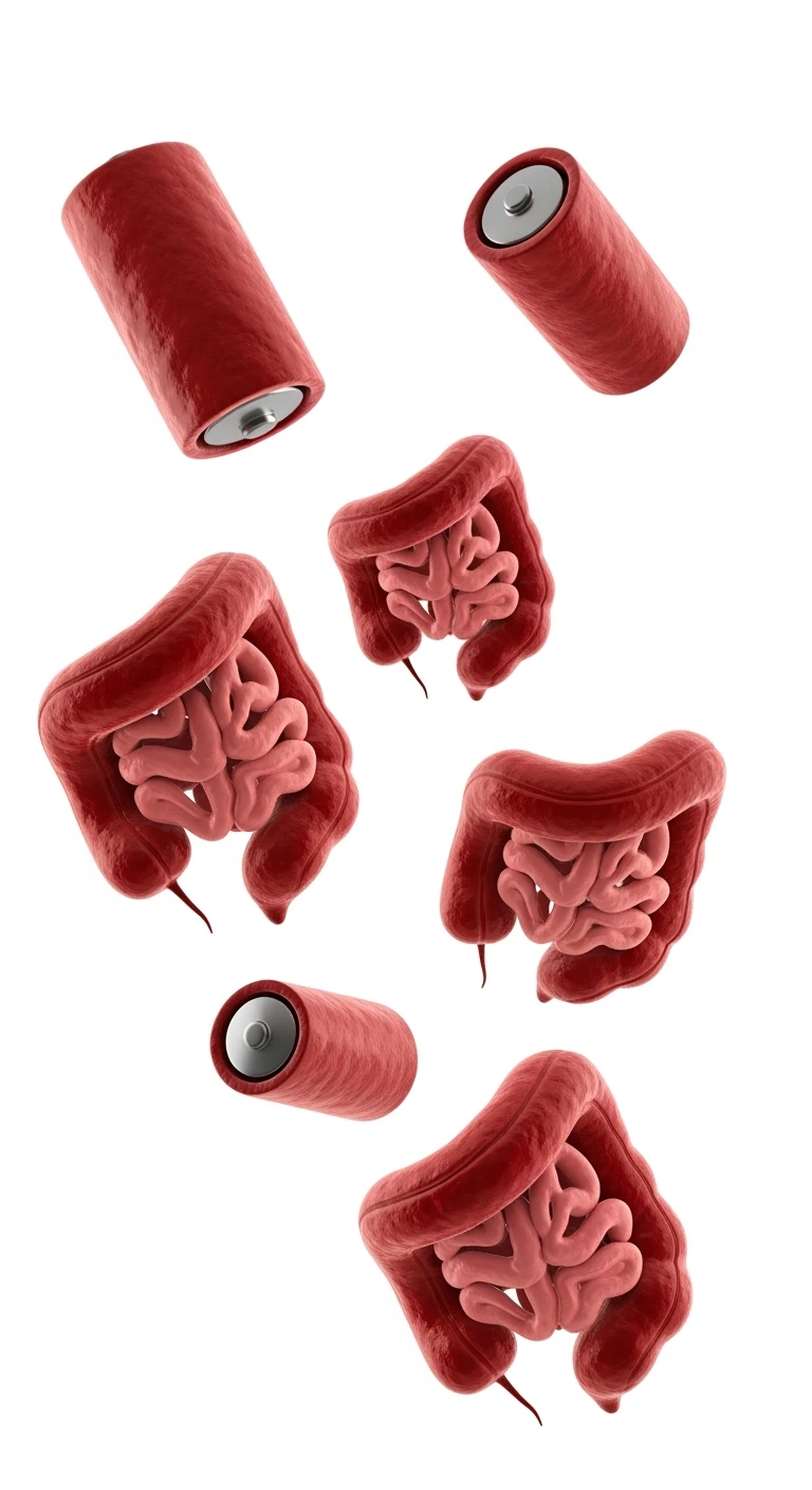 6 BATTERI INTESTINALI ROSSI/BORDEAUX FLUTTUANO IN ARIA, IPERREALISTICO 4K, ISOLATI SU SFONDO BIANCO emoji