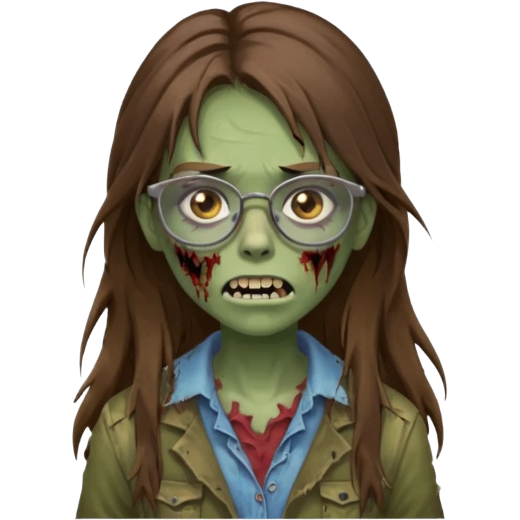 Girl zombie with brown long hair with teeth and serious face IOS style with glasses emoji
