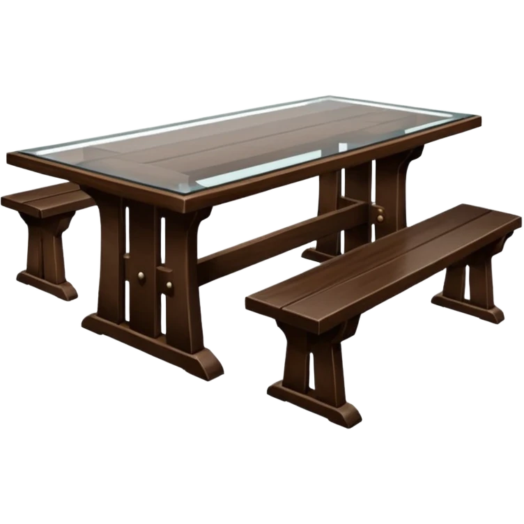 A glass topped rectangular trestle table with a bench on each long sided  and a high-backed throne on each short side emoji