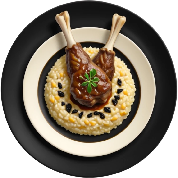 Lamb Shanks with Risotto Nero on a black plate, top view emoji
