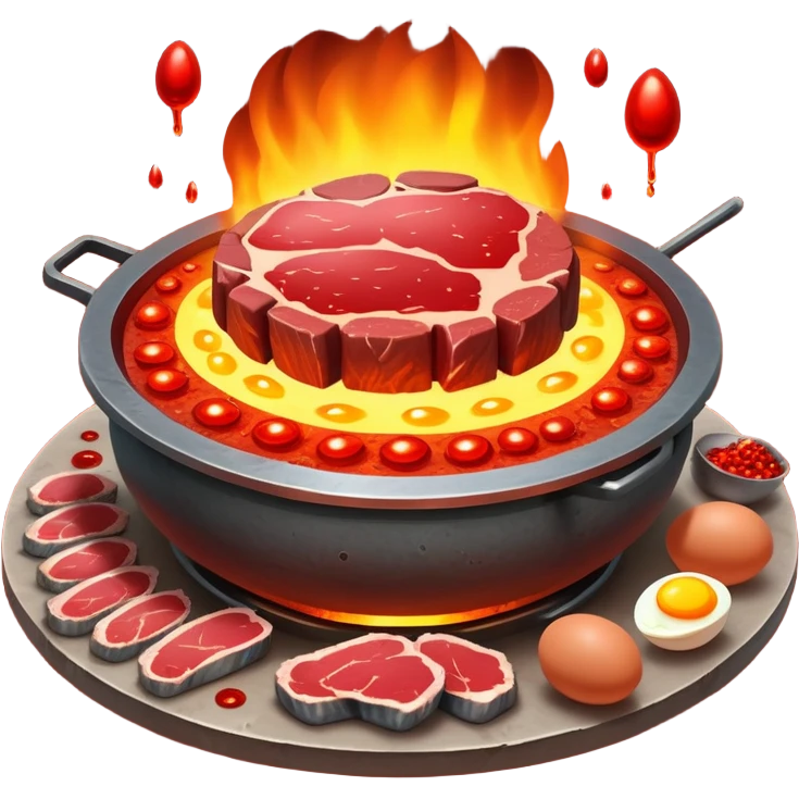 Iron-rich foods (liver, steak, sardines, dark chicken meat, egg yolk) surrounding a glowing forge that transforms them into bright red blood cells. The blood cells carry tiny oxygen molecules throughout a luminous outline of a body, bringing energy to muscles and vital organs. emoji