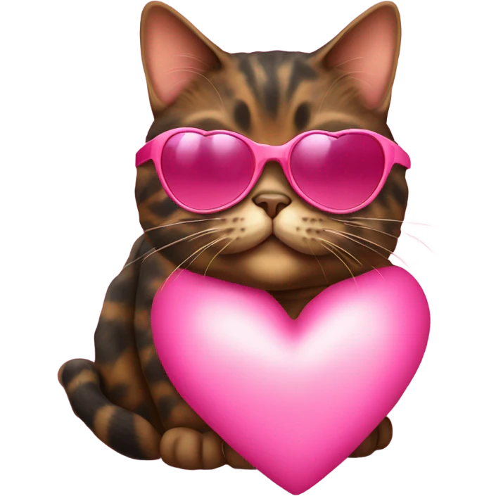 Fat tortishell cat wearing pink heart shaped sunglasses emoji