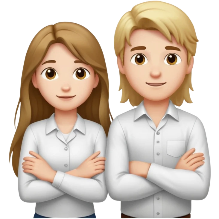 A boy in a white shirt and a girl with long hair crossed their arms over their chests - with happy faces emoji