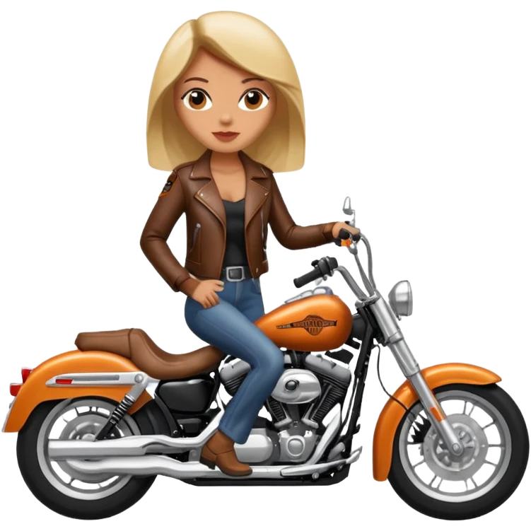 A woman wearing leather riding a Harley Davidson emoji