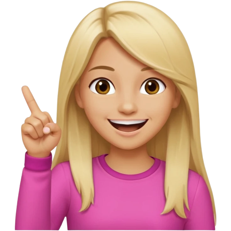 blonde tan girl with long straight hair brown eyes laughing and pointing forward with one fringer  wearing oink  emoji