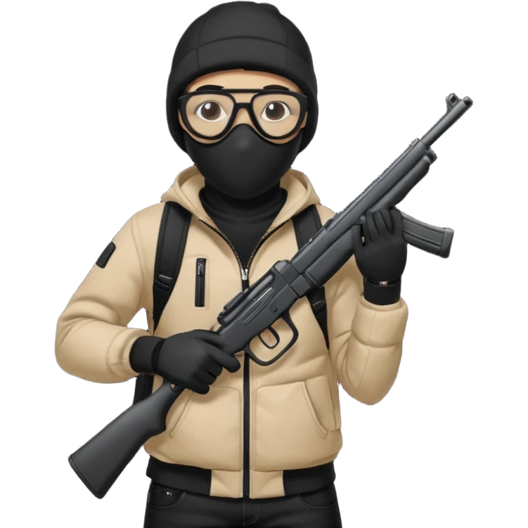 YN wearing a ski mask, holding a gun, all black fit, black jeans, Sprayground bookbag, confident stance with glasses emoji