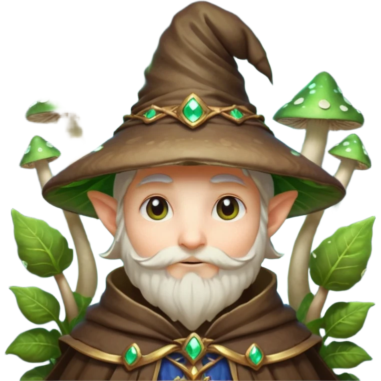 mushroom wizard portrait, head and shoulders only, glowing spores, leafy cloak collar, magical eyes, cute fantasy style, 3D cartoon, mobile game icon style, clean background, no text, no watermark

 emoji