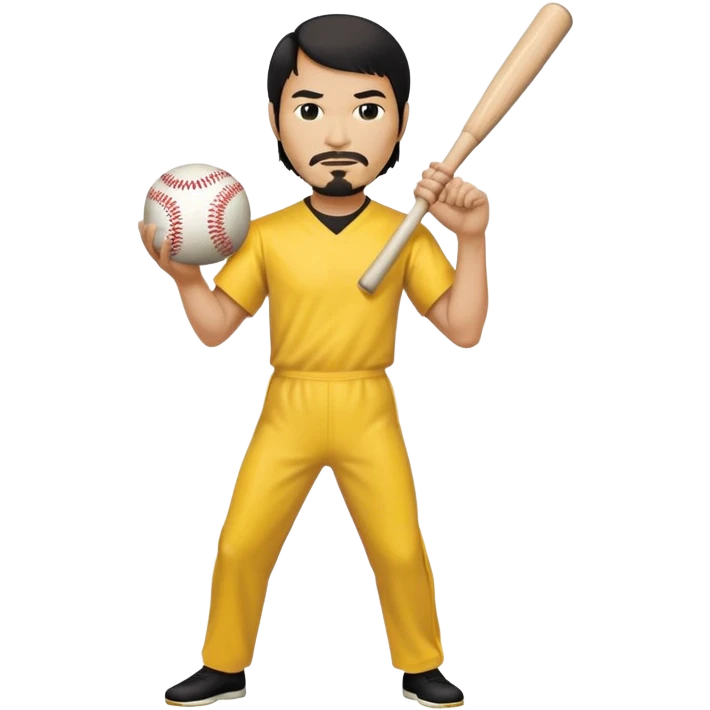 Steve Jobs wearing Bruce Lee's yellow jumpsuit, holding a baseball bat and ball emoji