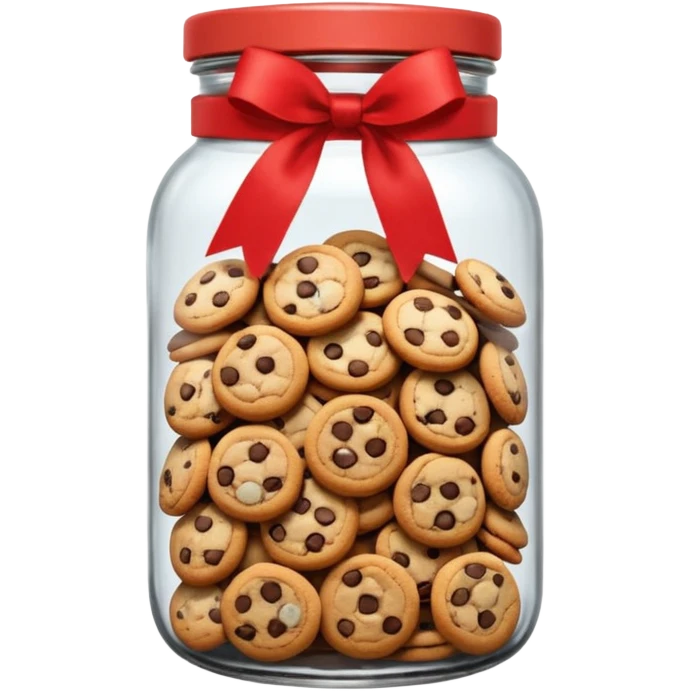 A chewy chocolate chip cozy cookie in an organized jar, saying "Cookie Jar" with some small illustrations on the jar to indicate there are cookies stored inside, a big red ribbon on the lid emoji