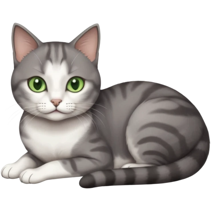 full body tiny short hair dark grey and white cat with white front legs and green  eyes lying down emoji