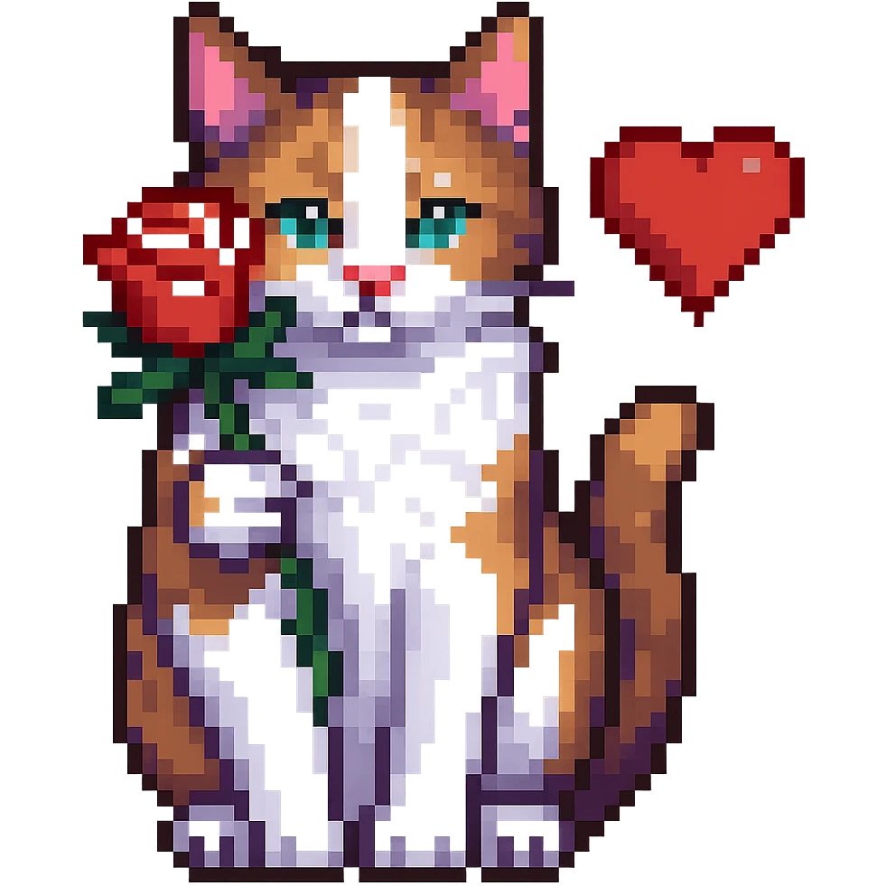 Add a heart to the tricolor cat holding a rose, keep the background transparent, pixel art style. emoji