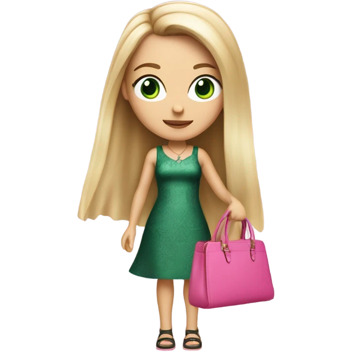Realistic White girl with Long straight blonde hair and green eyes, tattoos, full body wearing pink dress, holding pink handbag emoji