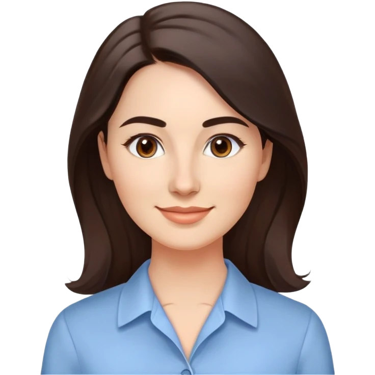 Professional woman in her 30s with light complexion, oval face, gentle features, large dark brown eyes, well-formed medium eyebrows, small nose, warm friendly smile, long slightly wavy dark brown hair with soft volume, wearing a light blue dress shirt emoji
