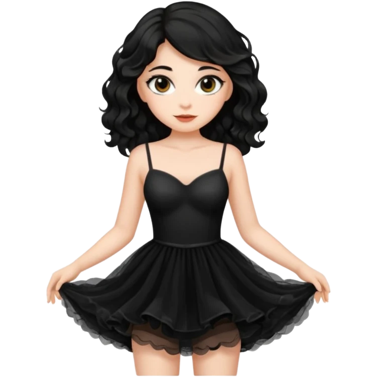 Beyaz tenli siyah tül çok açık elbise giyen siyah dalgalı saçı olan çekik gözlü  emoji