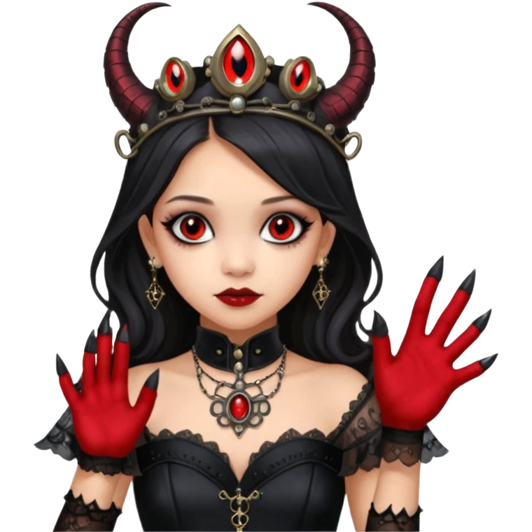 Slim fitting Holed and worn Lavish black evening gown with see-through gloves, Jenna Ortega as Addams woman wearing a steampunk mini tiara, very large blood red evil-looking horned old dragon evil eyes  emoji
