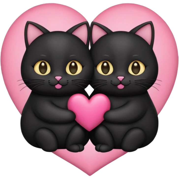 two fat cute black cats love, pink heart, closed mouth, black ears emoji