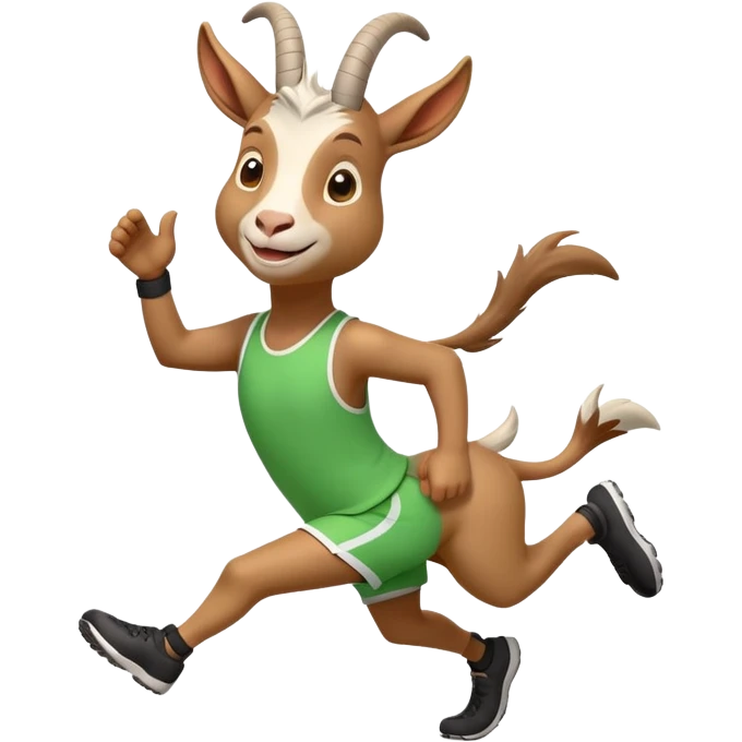 friendly anthropomorphised goat jogging upright in a new outfit, relaxed pose emoji