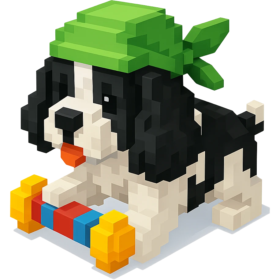 A black and white Russian Cocker Spaniel puppy wearing a green durag, voxel style, playing with a toy emoji