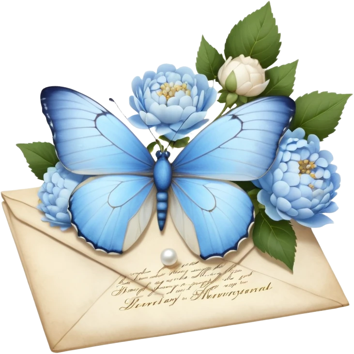 A delicate still life of a pale blue butterfly resting on an aged love letter, sealed with golden wax, accompanied by a bouquet of white peonies and soft blue hydrangeas, with pearl beads scattered nearby.
 emoji