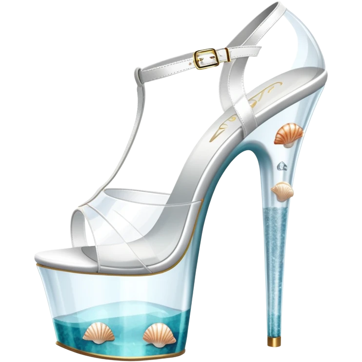 clear platform heel, pole dancing heel, pleaser, white, all translucent ,sea shells on it  emoji