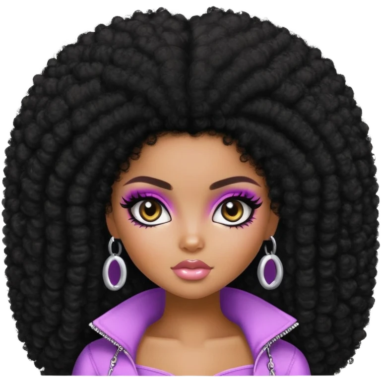 pretty bratz girl, dark black big afro, dark brown eyes, y2k fashion, black eye liner, dark black skin emoji
