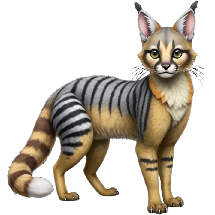 Colorful dark black gloomy spooky pointy foggy smoky points-marked glorious hyper-realistic exotic cute cool beautiful beautiful fantasy-caracal-civet-genet-sergal-vernid-Cacomistle-Trico-oncilla-animal-Fakémon-hybrid-fursona (full body) emoji