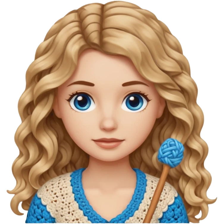 White Girl with long light brown slightly blonde ish naturally wavy hair and blue eyes who likes crocheting emoji