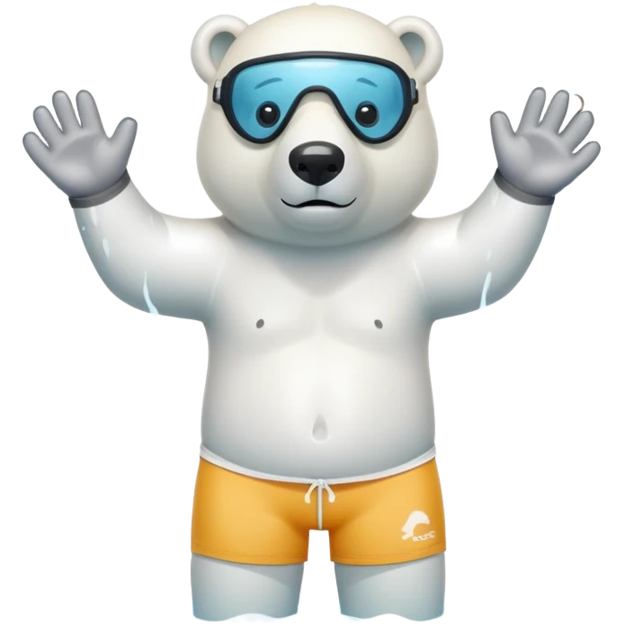 friendly anthropomorphised polar bear standing in a puddle of water, wearing loose board shorts, scuba mask over eyes, inflatable swimming armbands emoji