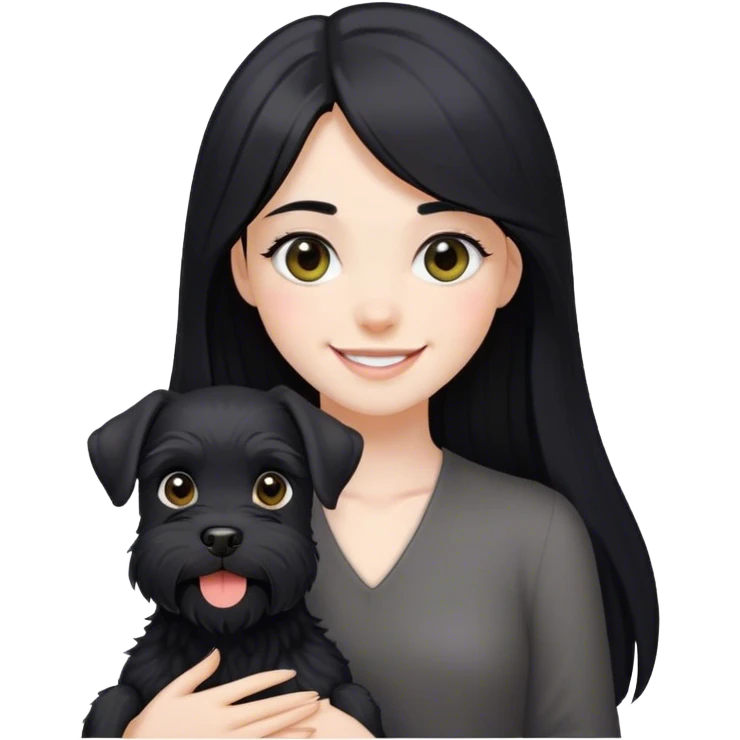pale girl smiling with light eyes and long black hair and smiling black schnauzer emoji