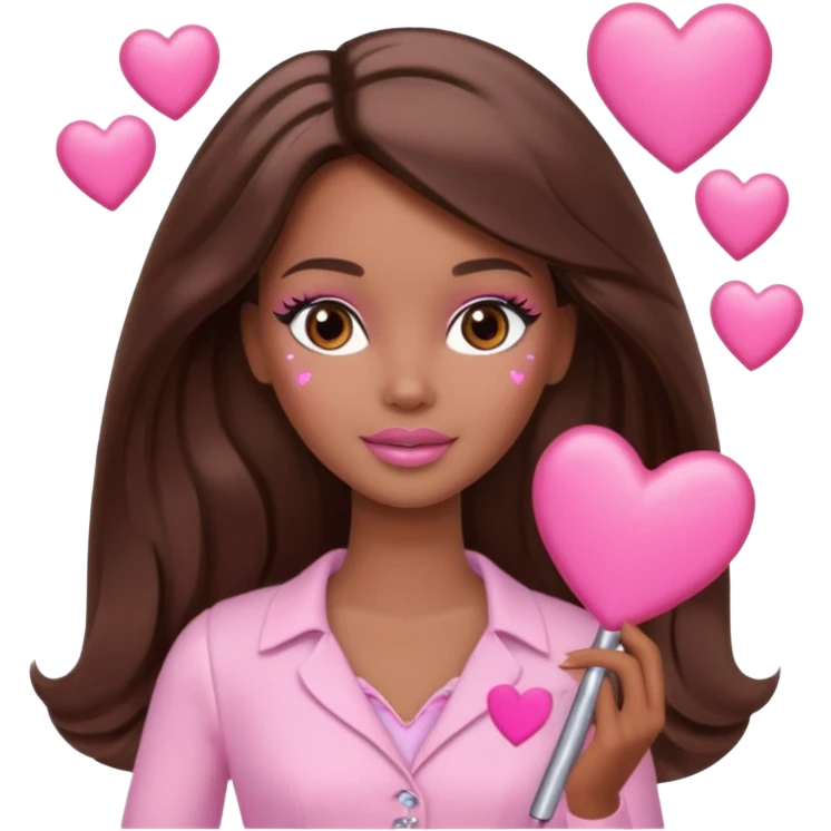 Barbie girl and  makeup , brown long straight wavy hair and brown eyes is In pale pink clothes There are pink hearts all around emoji