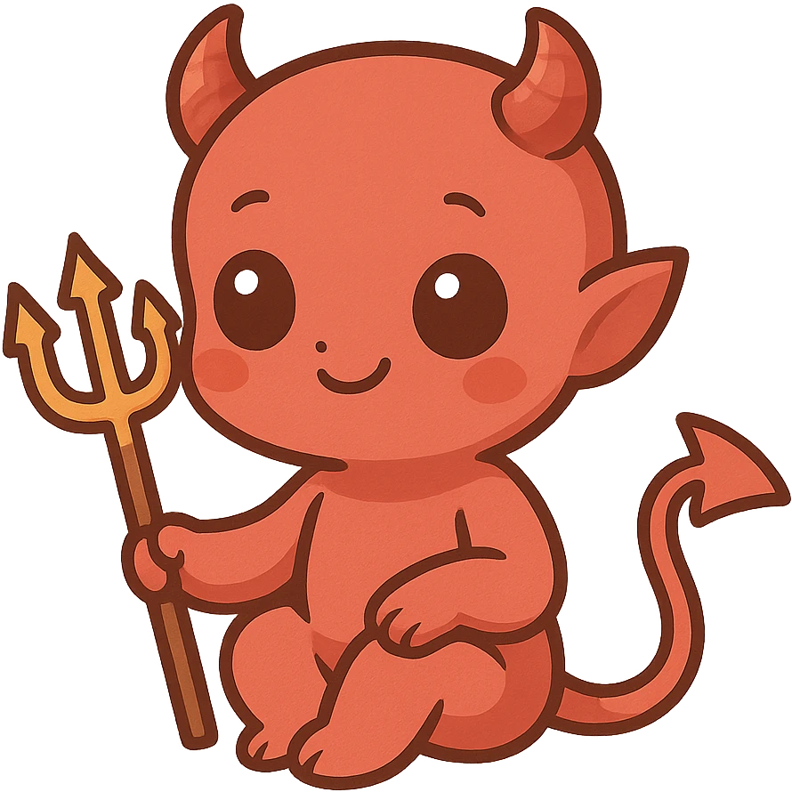 cute devil, chibi style, big eyes, tiny horns, smiling emoji
