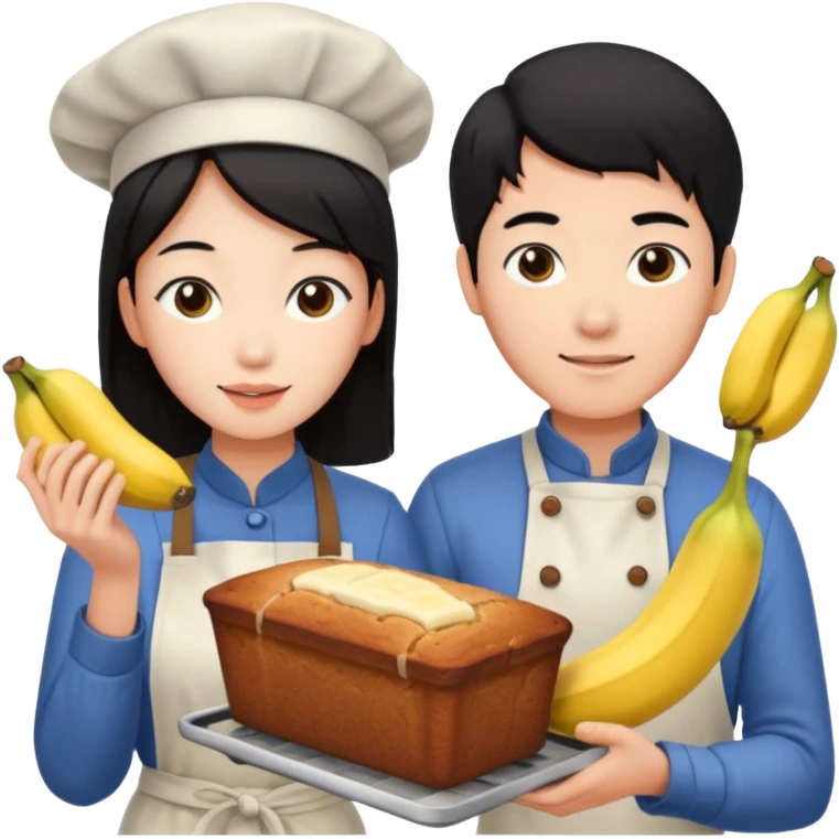 black haired asian guy bakes banana bread with redhead girlfriend emoji