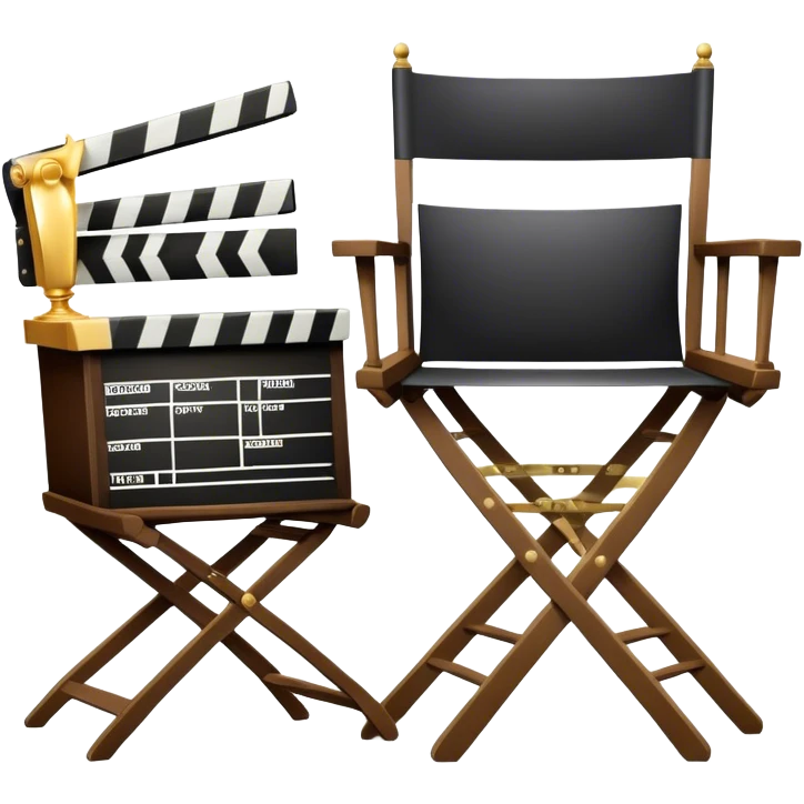 Icon for Directing: a director's chair, a film slate, a megaphone, a stage set with lights and an Oscar statuette. The icon should represent the creative and leadership aspects of directing, with focus on film and theater production. Transparent background. emoji