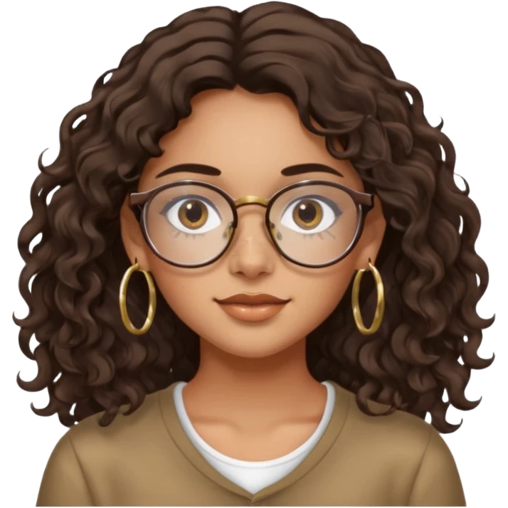 Make a girl with dark brown wavy hair and brown eyes she's tan latina and she has clear glasses and small hold hoop earings emoji