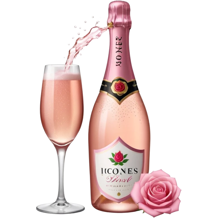 bottle of sparkling rose champagne tilted up and to the right, with a rose logo emoji
