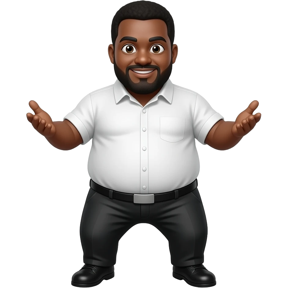 Fat black man wearing black pants  and white shirt and have a Douglas standing emoji like 🧍 but chubby and funny emoji