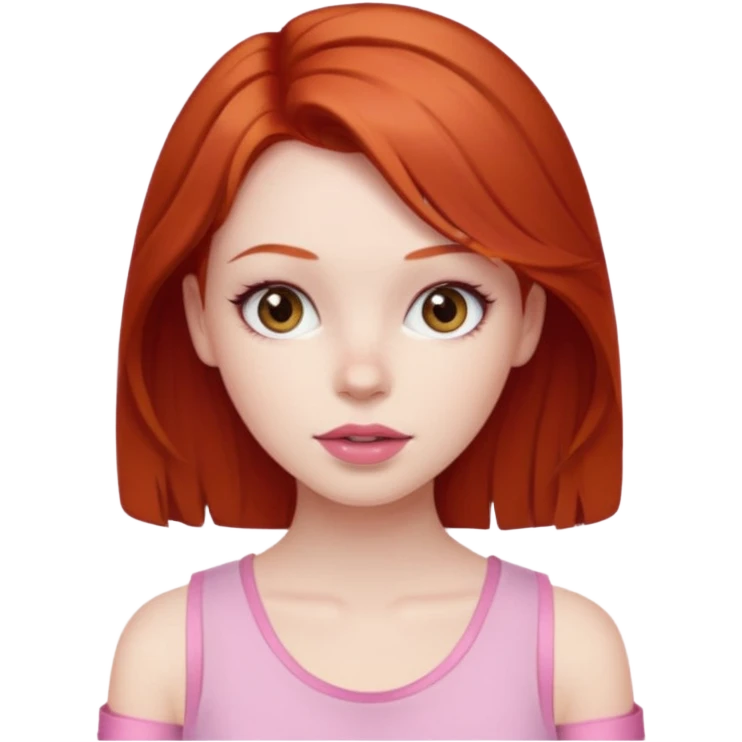 Redhead girl with deep brown eyes, pale skin with light red lips wearing a pink strap shirt emoji