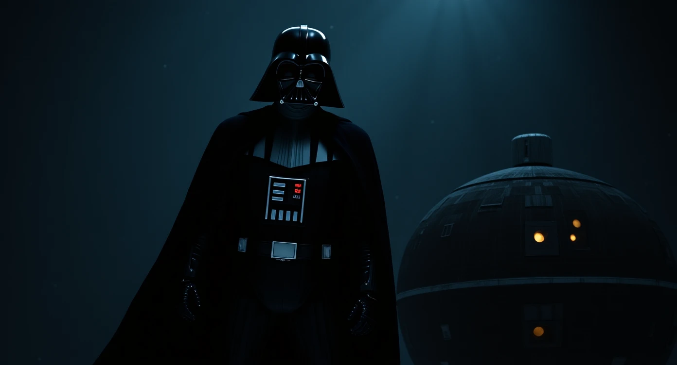 cinematic still, documentary photography, space and death star, well lit scene, Darth Vader floating in space, close up, front shot, rule of thirds emoji