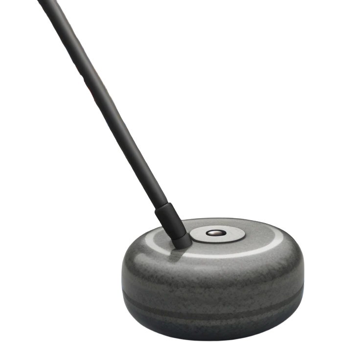 An icon showing a detailed close-up of a curling stone sliding across the ice, with a broom in motion beside it. The background features an indoor stadium with cheering spectators on the stands. Transparent background captures the strategy and focus of curling. emoji