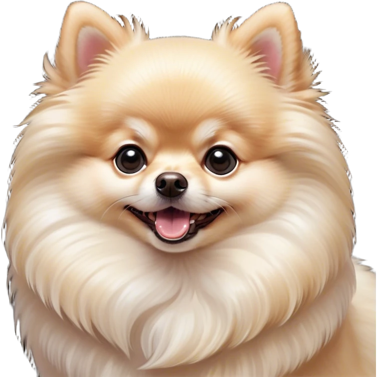 Cinematic Comical Cream Pomeranian Portrait Emoji, Head tilted dramatically with an exaggeratedly shocked or amused expression, featuring a glossy, fluffy cream Fur with a radiant sheen, wide, expressive dark eyes filled with playful disbelief, Simplified yet hilariously expressive features, highly detailed, glowing with a slightly sassy glow, high shine, dramatic yet playful, stylized with an air of cheeky mischief, bright and endearing, soft glowing outline, capturing the essence of a spirited and over-the-top companion, so meme-worthy it feels like it could side-eye its way into internet fame instantly! emoji