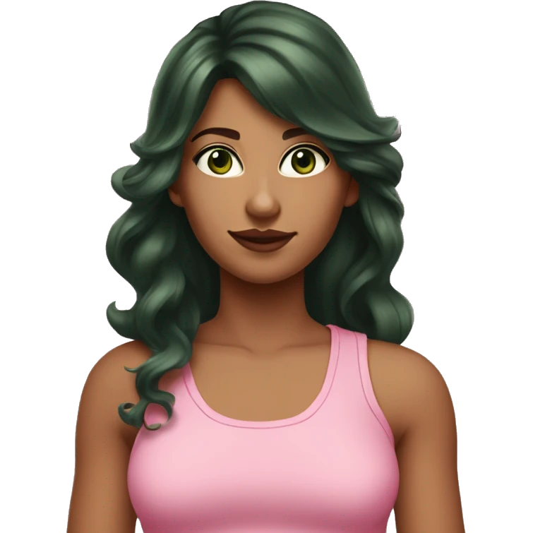 Woman with light skintone and pink undertone and with dark brown shiny long wavy hair with side bangs and side part, she is wearing a pink tank top and has dark green eyes emoji