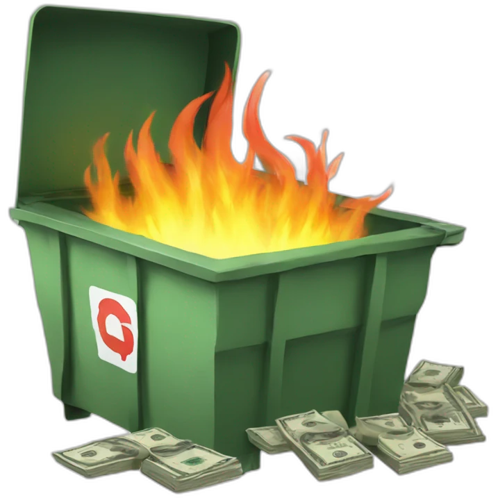Dumpster fire with dollar bills emoji