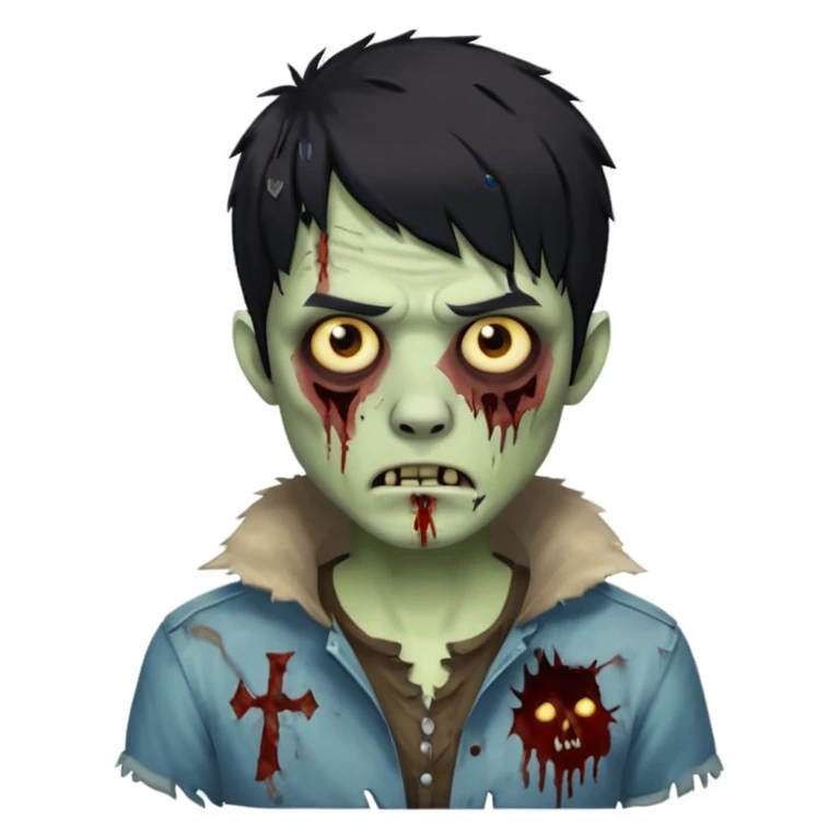 Zumbi homem com o cabelo no corte Wolf cute de franja lisa preta emoji
