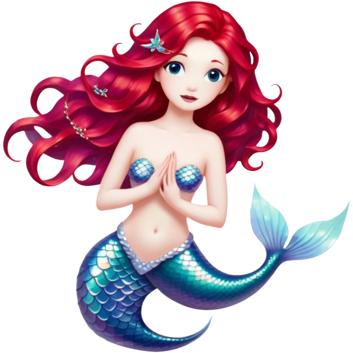 Cinematic Realistic Red Hair Mermaid Portrait, depicted with lifelike porcelain white skin that glows with an ethereal radiance, enhanced by soft underwater lighting. Her intricately detailed, flowing red hair cascades like liquid fire, framing deep, soulful eyes that mirror the mysteries of the deep sea. Accented by shimmering, iridescent scales and delicate aquatic embellishments, the portrait features an enchanting underwater glow that marries realism with mythic ocean elegance. emoji