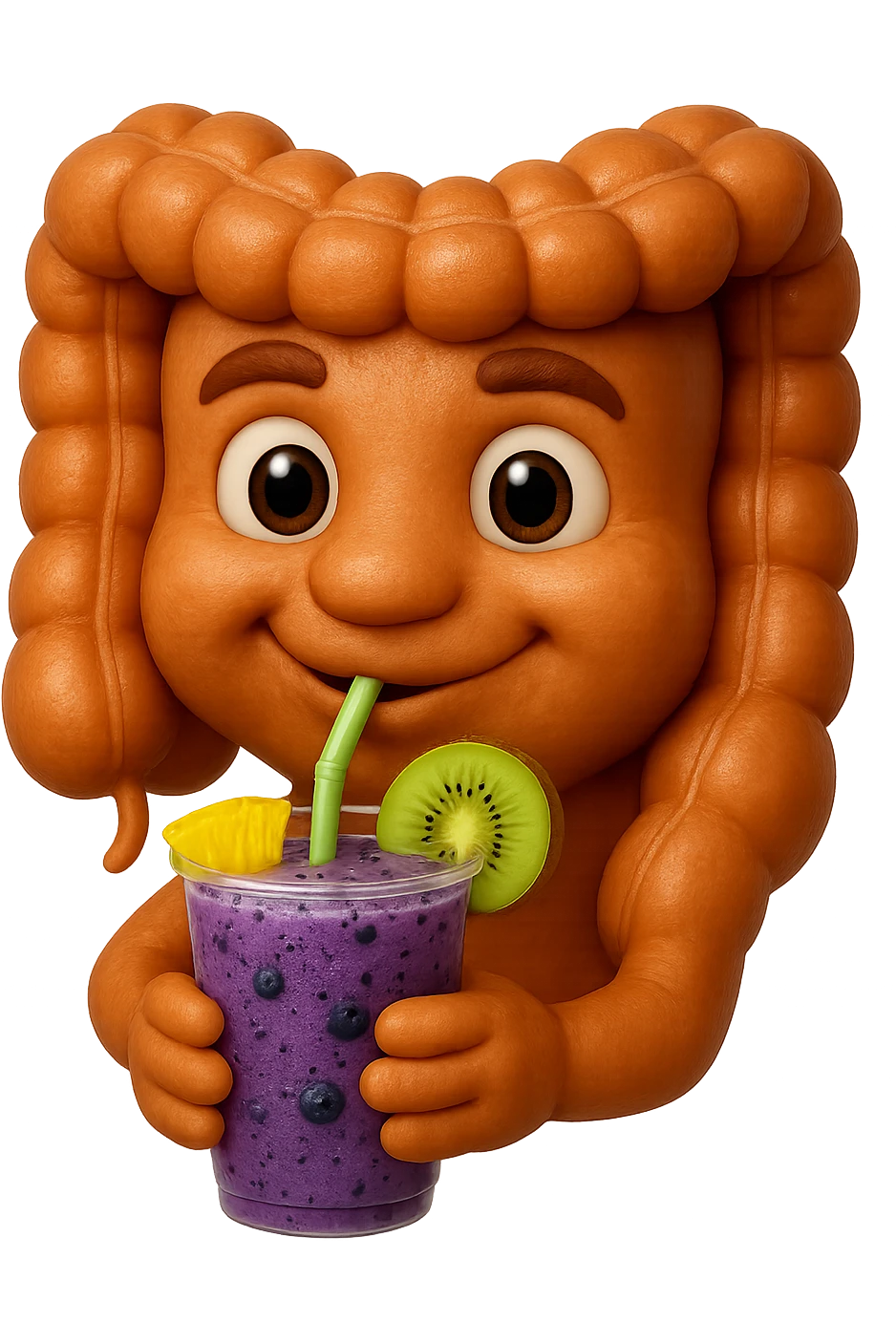EMOJI STILE IPHONE DI un intestino umano anatomico che beve un frullato di mirtilli, ananas, kiwi, fagli anche la parte bianca degli occhi, non solo le pupille, REALISTICo 4K emoji