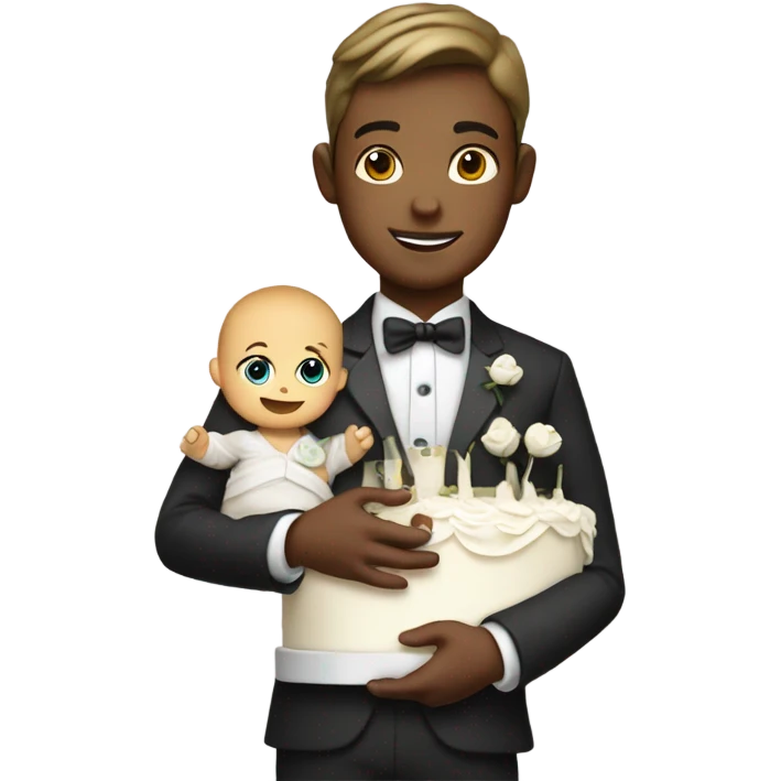 Boy in waiter costume holding a wedding cake and a baby emoji