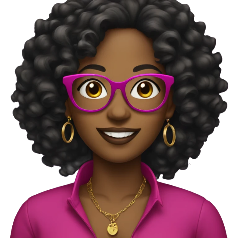 black women with earrings with fuchsia glasses with long black curly hair happy emoji